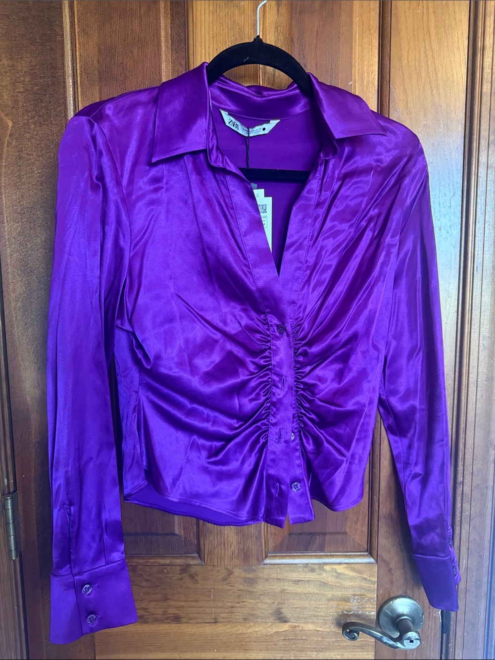 Zara Vibrant Purple Satin Ruched Button-Down Shirt